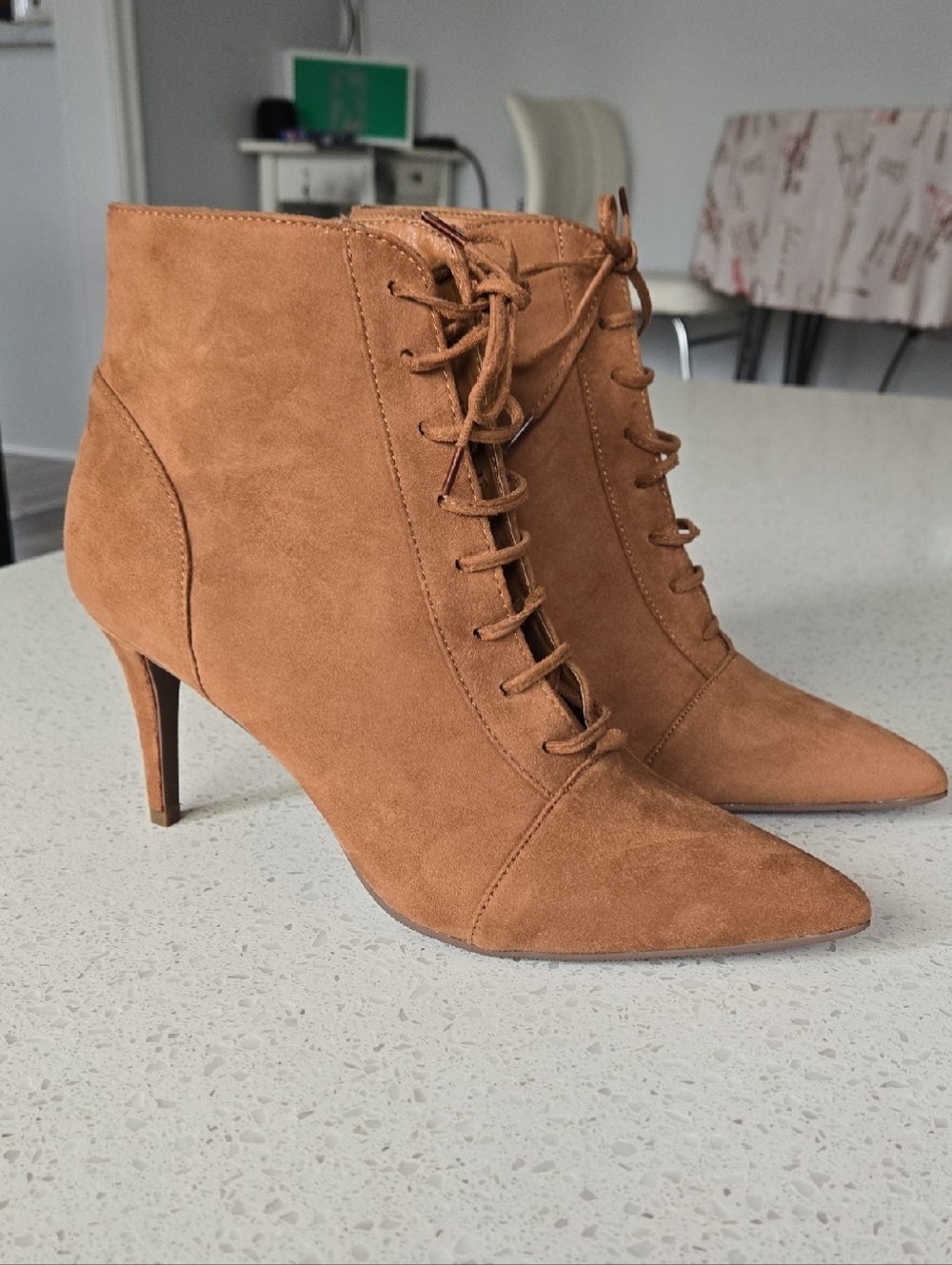 le chateau Tan Suede Lace-Up Pointed Ankle Booties